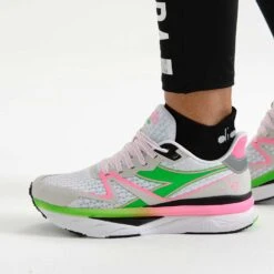Diadora Women's Atomo V7000 Running Shoe - White/Green Fluo/Pink Fluo -Hoka Shop 101.179068 D0250 CV